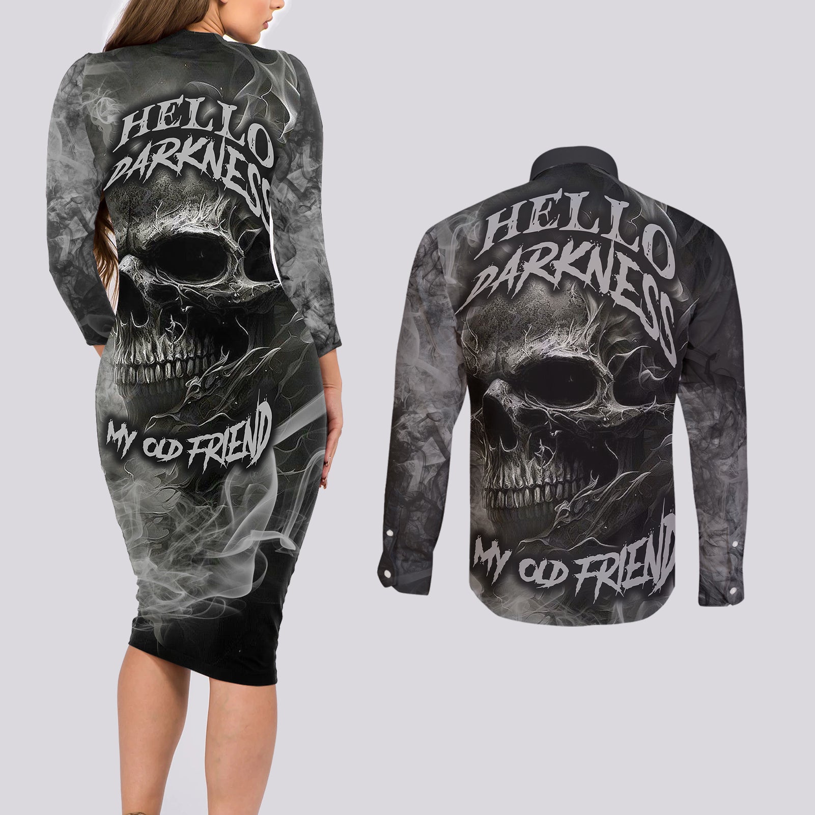 hello-darkness-my-old-friend-skull-couples-matching-long-sleeve-bodycon-dress-and-long-sleeve-button-shirts