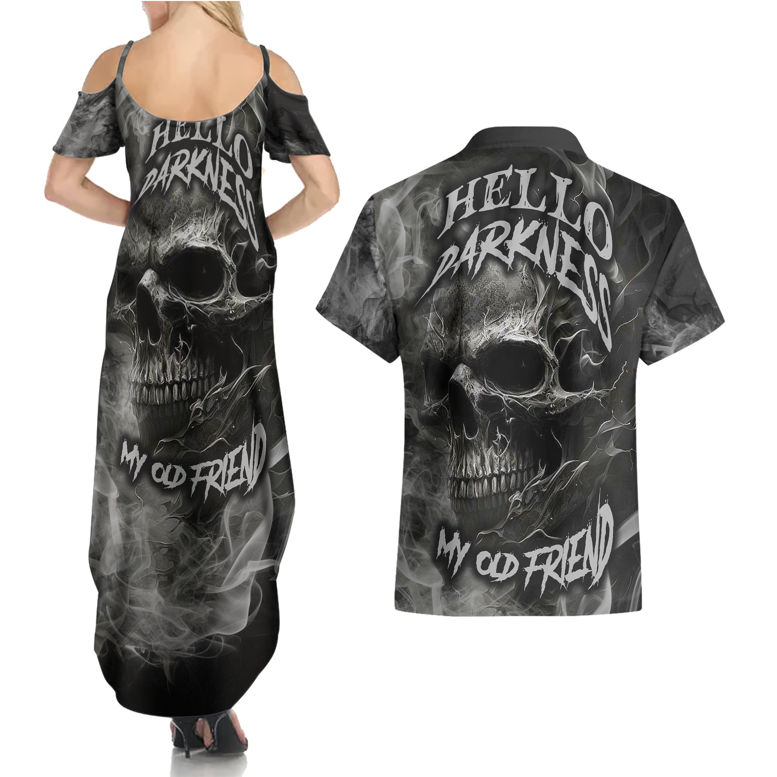 hello-darkness-my-old-friend-skull-couples-matching-summer-maxi-dress-and-hawaiian-shirt