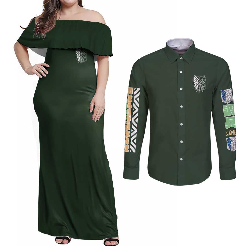 Levi Ackerman V2 Attack on Titan Couples Matching Off Shoulder Maxi Dress and Long Sleeve Button Shirt Anime Style