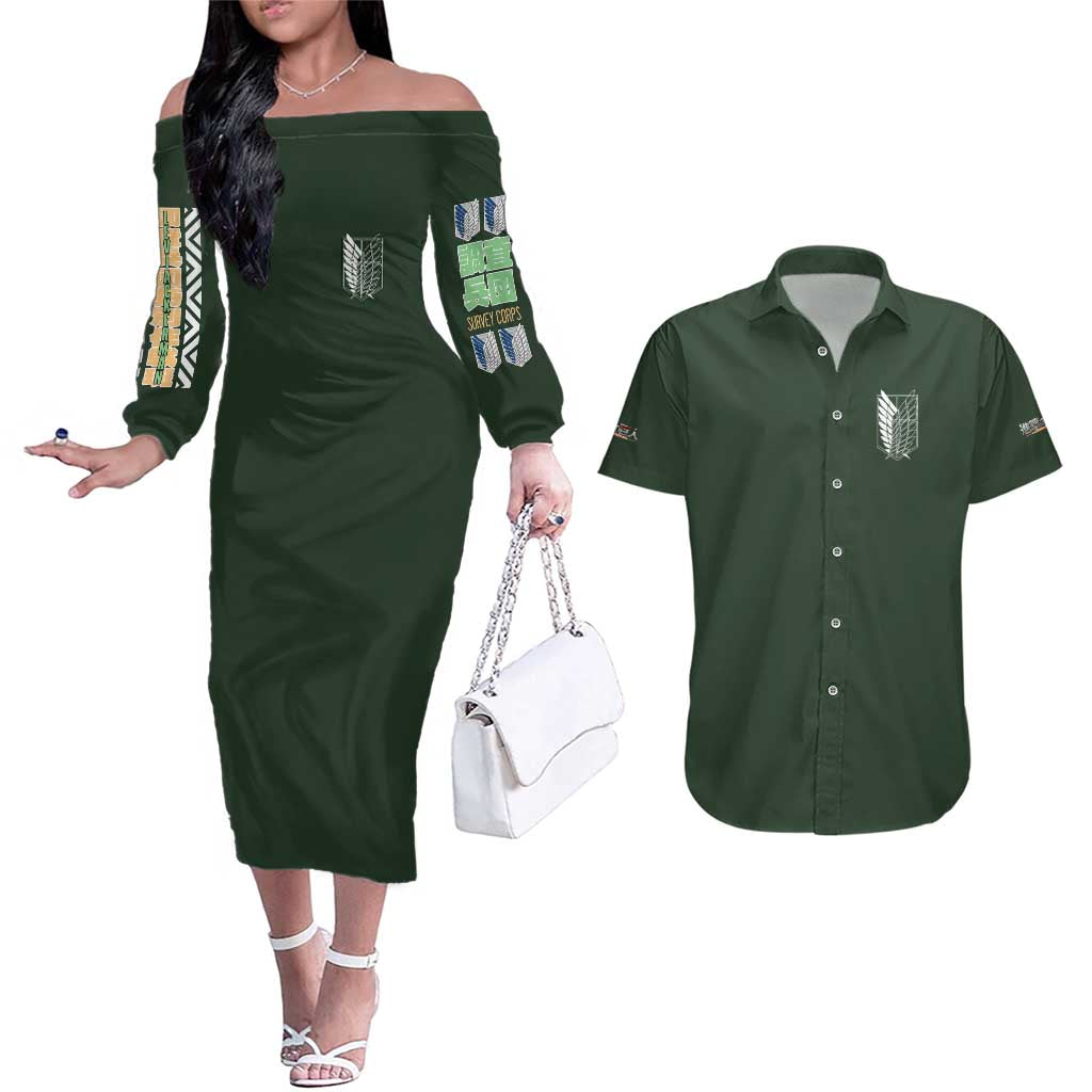 Levi Ackerman V2 Attack on Titan Couples Matching Off The Shoulder Long Sleeve Dress and Hawaiian Shirt Anime Style