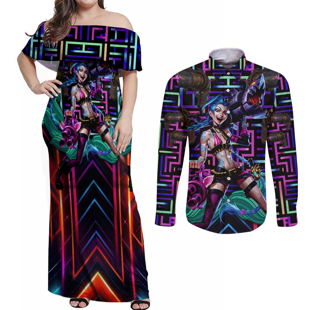 Trippy Jinx Arcane League of Legends Couples Matching Off Shoulder Maxi Dress and Long Sleeve Button Shirt Game Art Mix Trippy Style