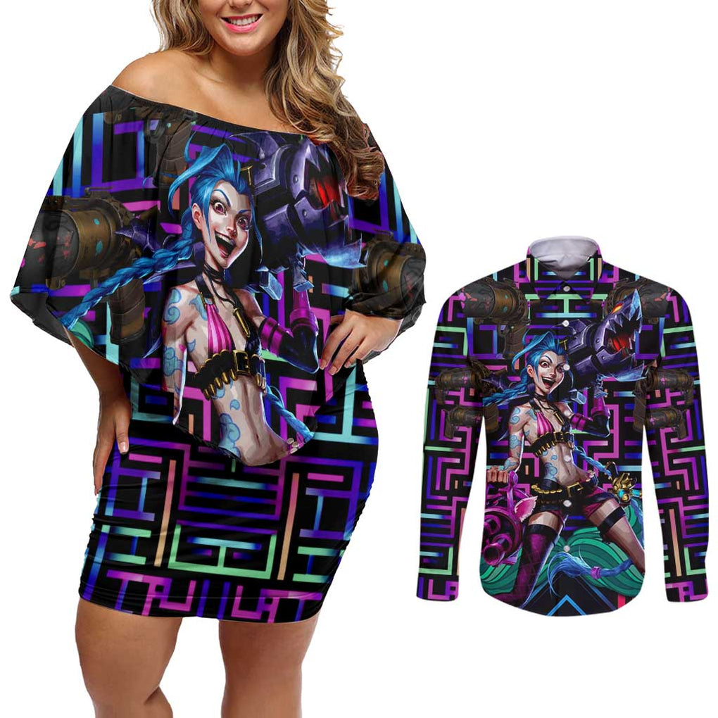 Trippy Jinx Arcane League of Legends Couples Matching Off Shoulder Short Dress and Long Sleeve Button Shirt Game Art Mix Trippy Style