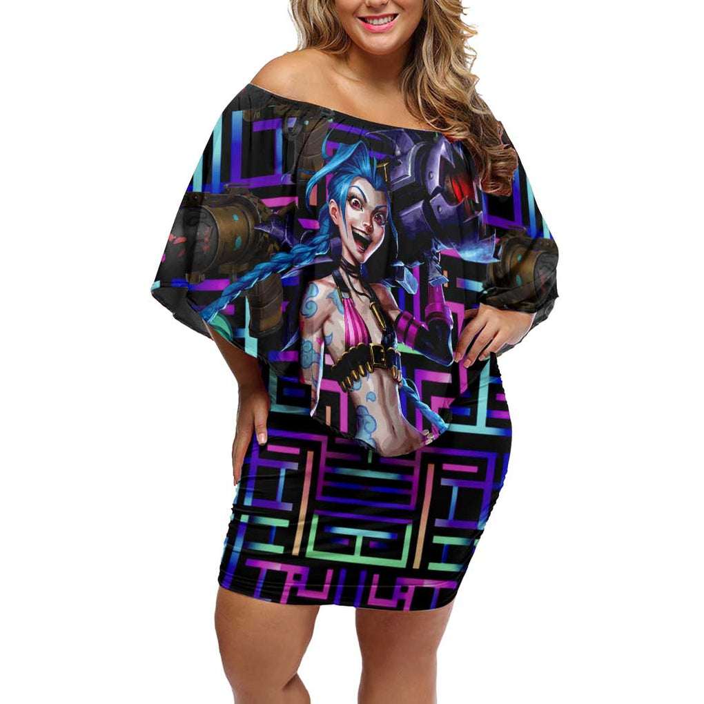 Trippy Jinx Arcane League of Legends Off Shoulder Short Dress Game Art Mix Trippy Style