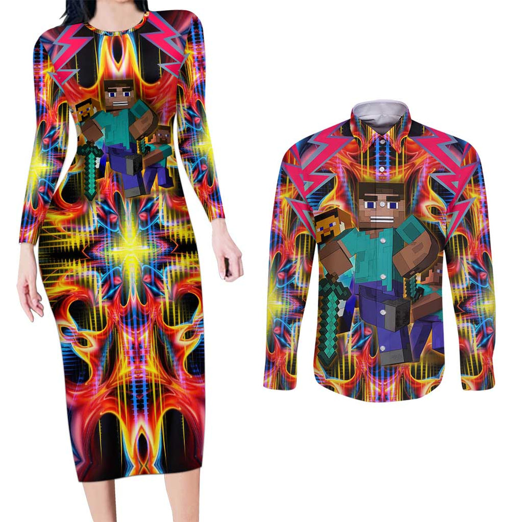 Power Minecraft Couples Matching Long Sleeve Bodycon Dress and Long Sleeve Button Shirt Game Art Mix Trippy Style