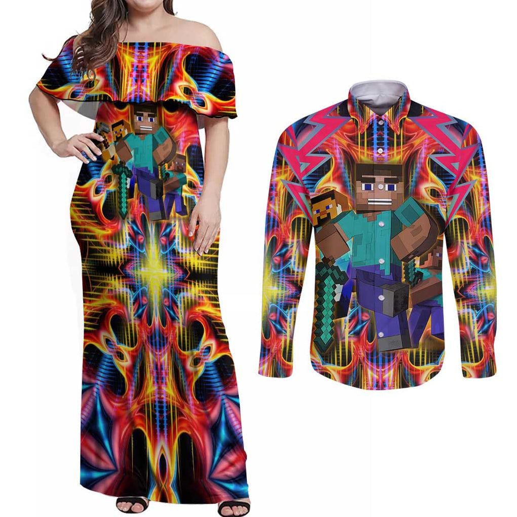 Power Minecraft Couples Matching Off Shoulder Maxi Dress and Long Sleeve Button Shirt Game Art Mix Trippy Style