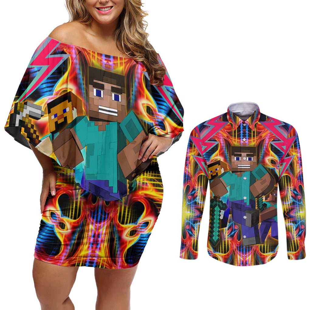 Power Minecraft Couples Matching Off Shoulder Short Dress and Long Sleeve Button Shirt Game Art Mix Trippy Style