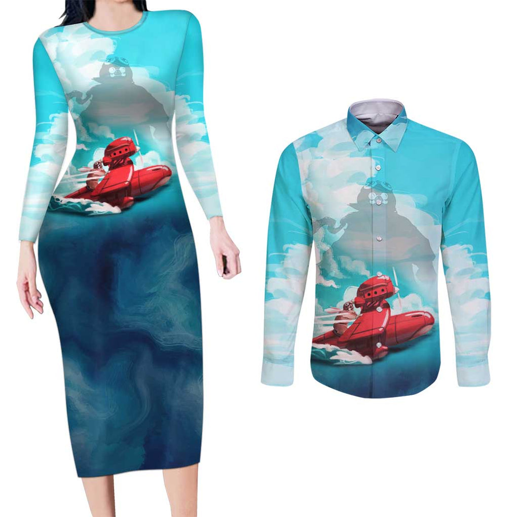 Trippy Porco Rosso Studio Couples Matching Long Sleeve Bodycon Dress and Long Sleeve Button Shirt Anime Style