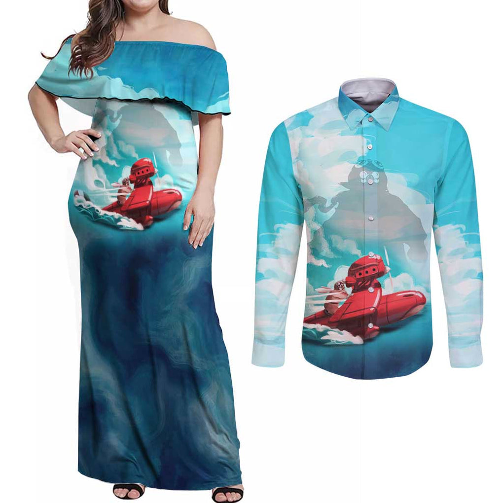 Trippy Porco Rosso Studio Couples Matching Off Shoulder Maxi Dress and Long Sleeve Button Shirt Anime Style