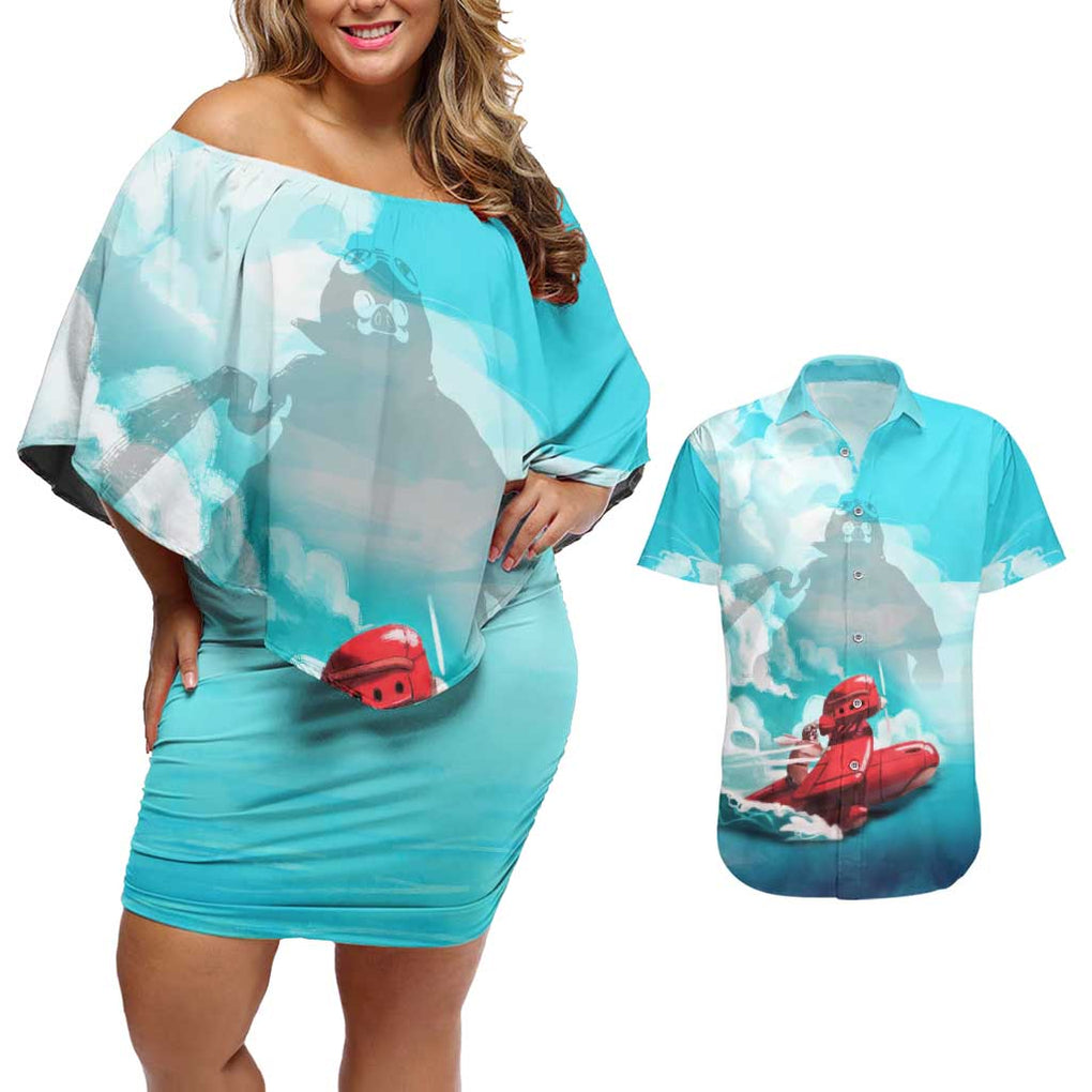 Trippy Porco Rosso Studio Couples Matching Off Shoulder Short Dress and Hawaiian Shirt Anime Style