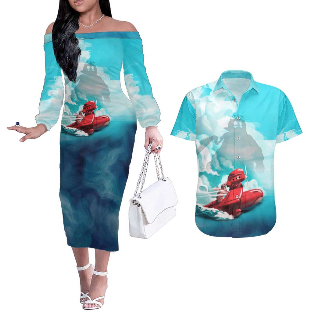 Trippy Porco Rosso Studio Couples Matching Off The Shoulder Long Sleeve Dress and Hawaiian Shirt Anime Style