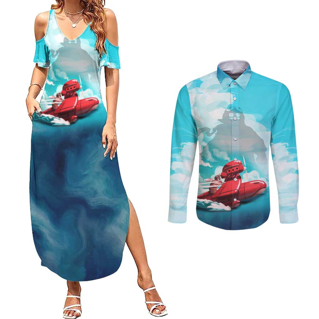 Trippy Porco Rosso Studio Couples Matching Summer Maxi Dress and Long Sleeve Button Shirt Anime Style