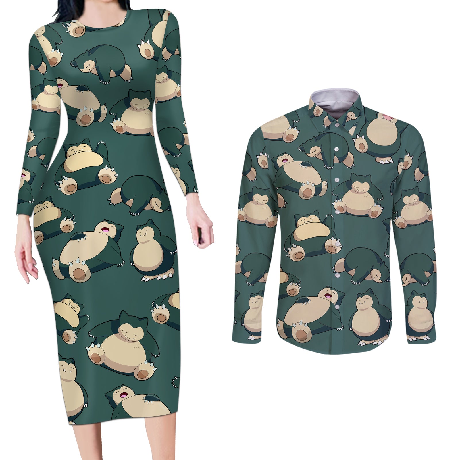 Snorlax Pattern Style Couples Matching Long Sleeve Bodycon Dress and Long Sleeve Button Shirt