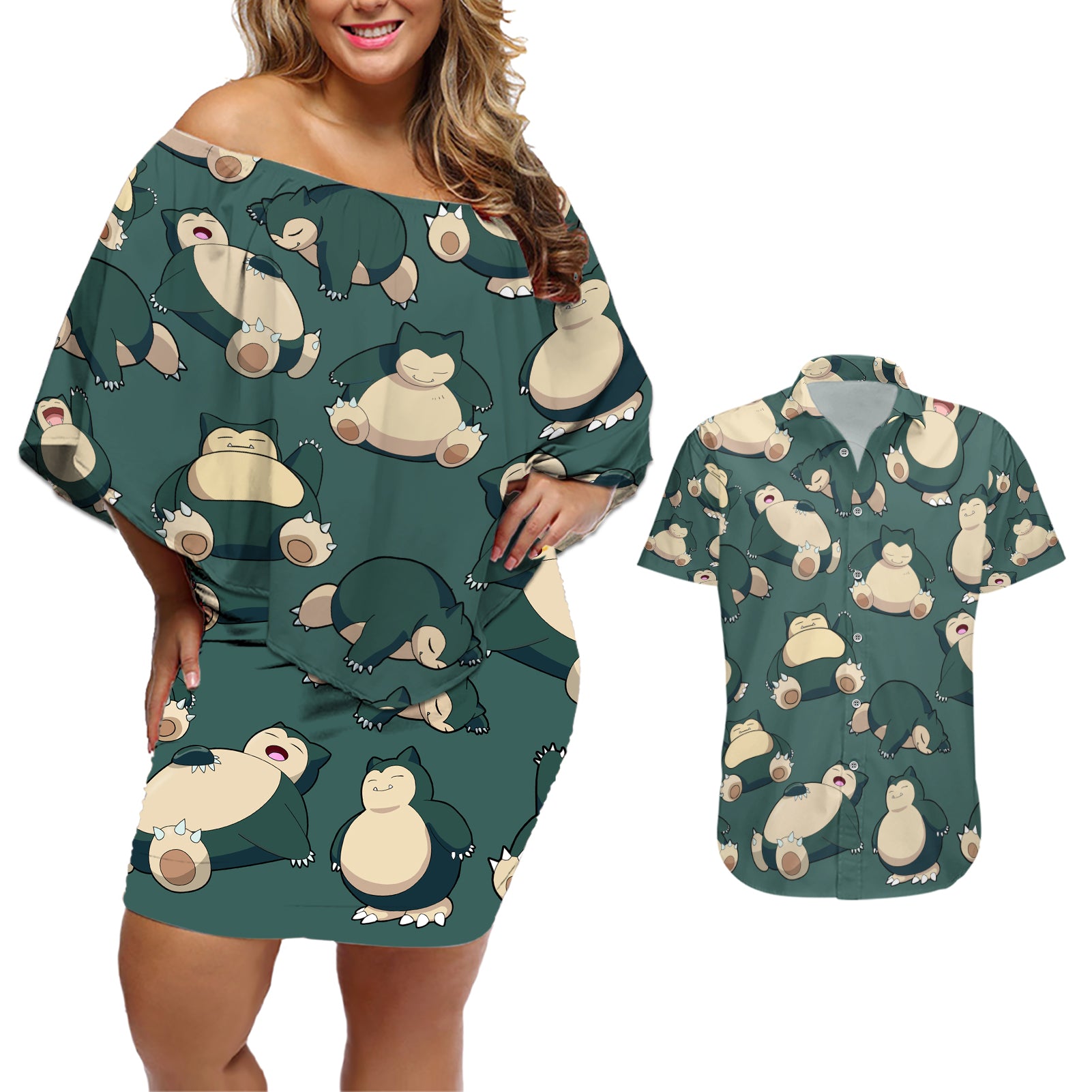 Snorlax Pattern Style Couples Matching Off Shoulder Short Dress and Hawaiian Shirt