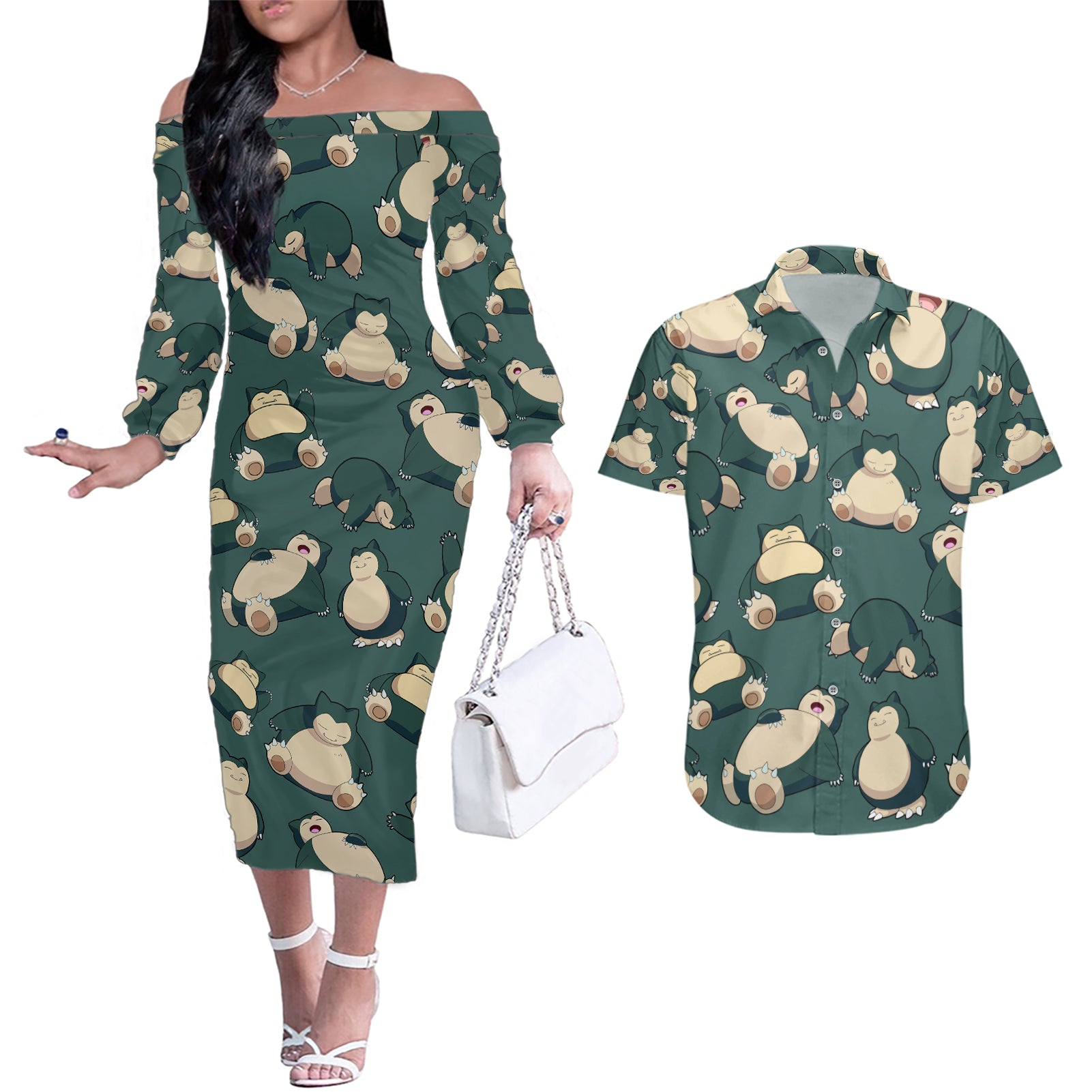 Snorlax Pattern Style Couples Matching Off The Shoulder Long Sleeve Dress and Hawaiian Shirt