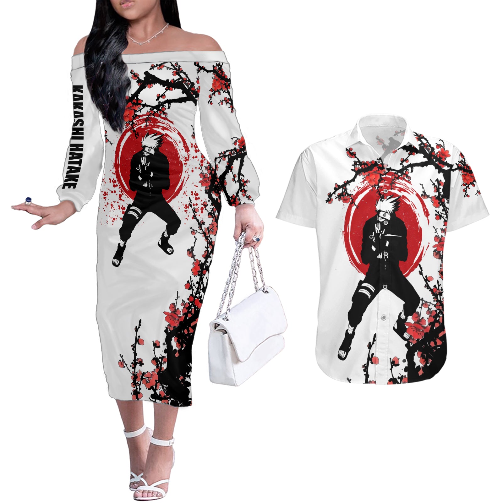 Hatake Kakashi Japan Style Couples Matching Off The Shoulder Long Sleeve Dress and Hawaiian Shirt