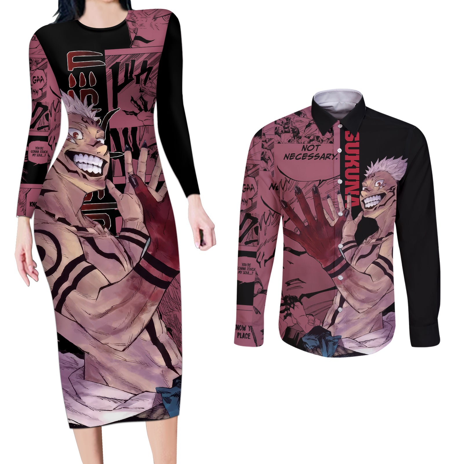 Ryoumen Sukuna Jujutsu Kaisen Manga Style Couples Matching Long Sleeve Bodycon Dress and Long Sleeve Button Shirt