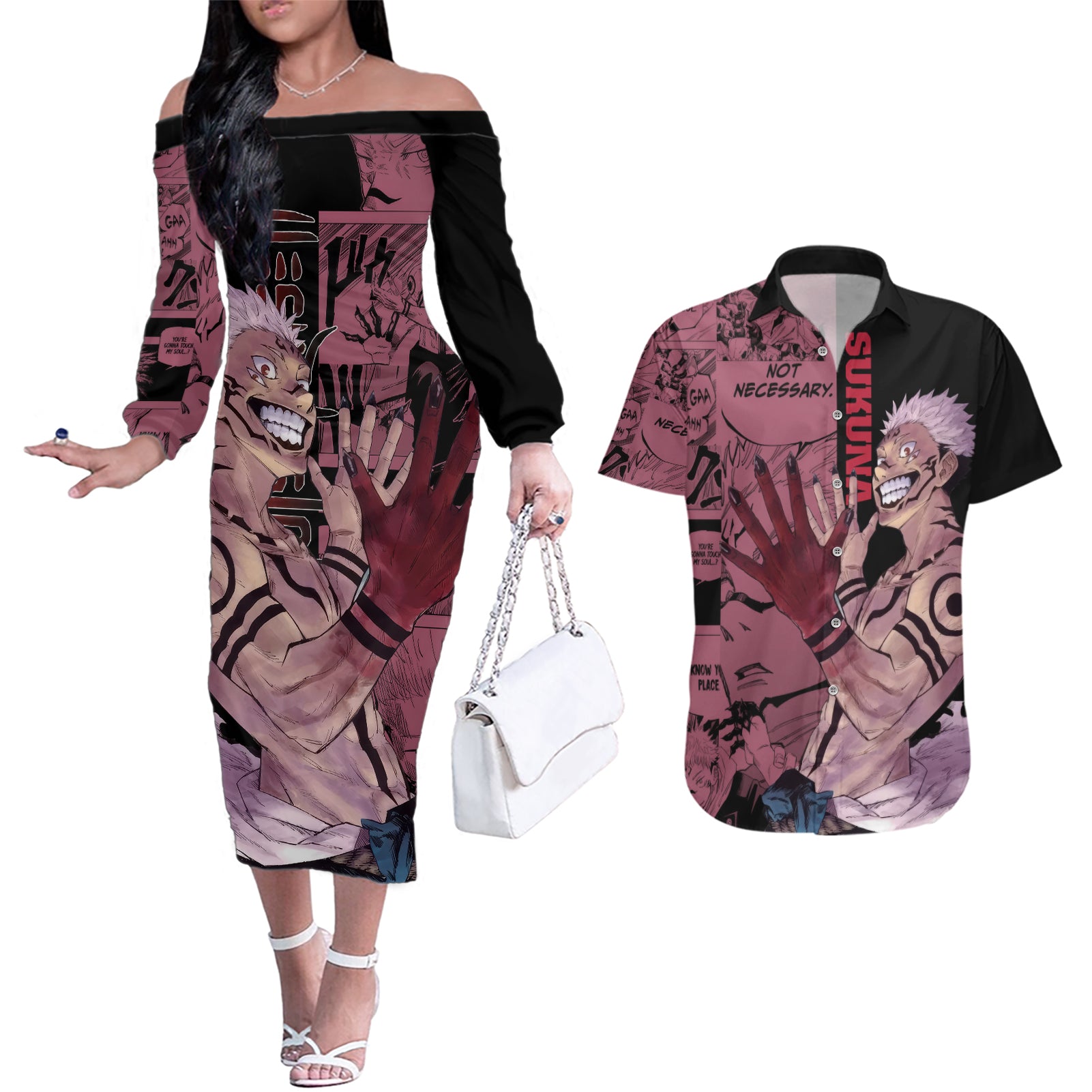 Ryoumen Sukuna Jujutsu Kaisen Manga Style Couples Matching Off The Shoulder Long Sleeve Dress and Hawaiian Shirt