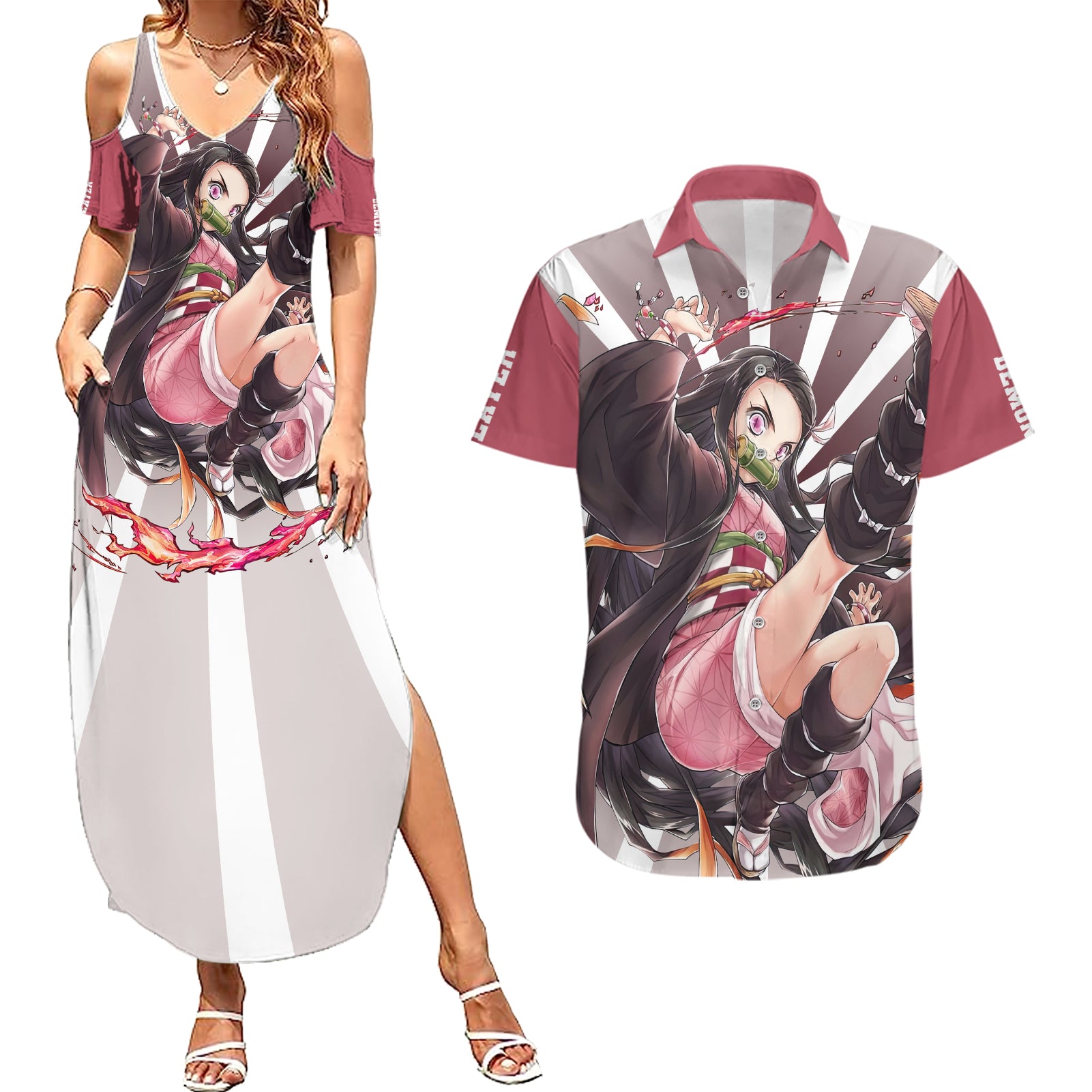 Nezuko Kamado Couples Matching Summer Maxi Dress and Hawaiian Shirt