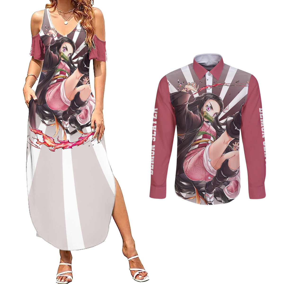 Nezuko Kamado Couples Matching Summer Maxi Dress and Long Sleeve Button Shirt