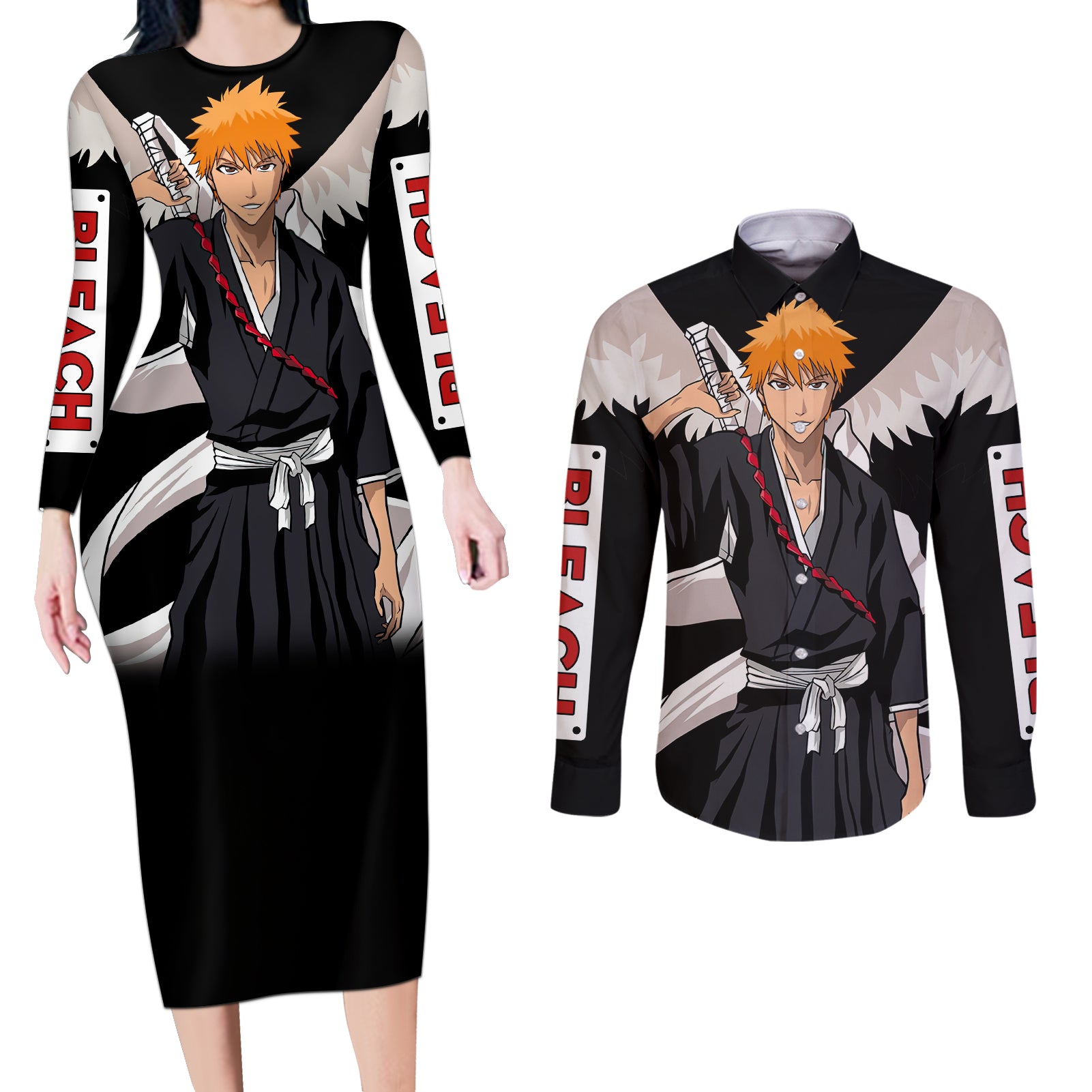 Ichigo Kurosaki - BL Jacket Style Couples Matching Long Sleeve Bodycon Dress and Long Sleeve Button Shirt