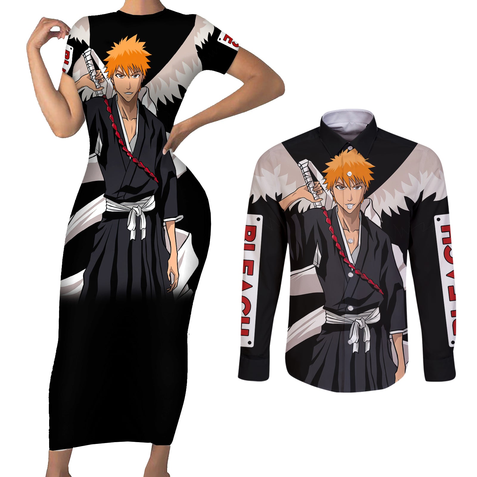 Ichigo Kurosaki - BL Jacket Style Couples Matching Short Sleeve Bodycon Dress and Long Sleeve Button Shirt