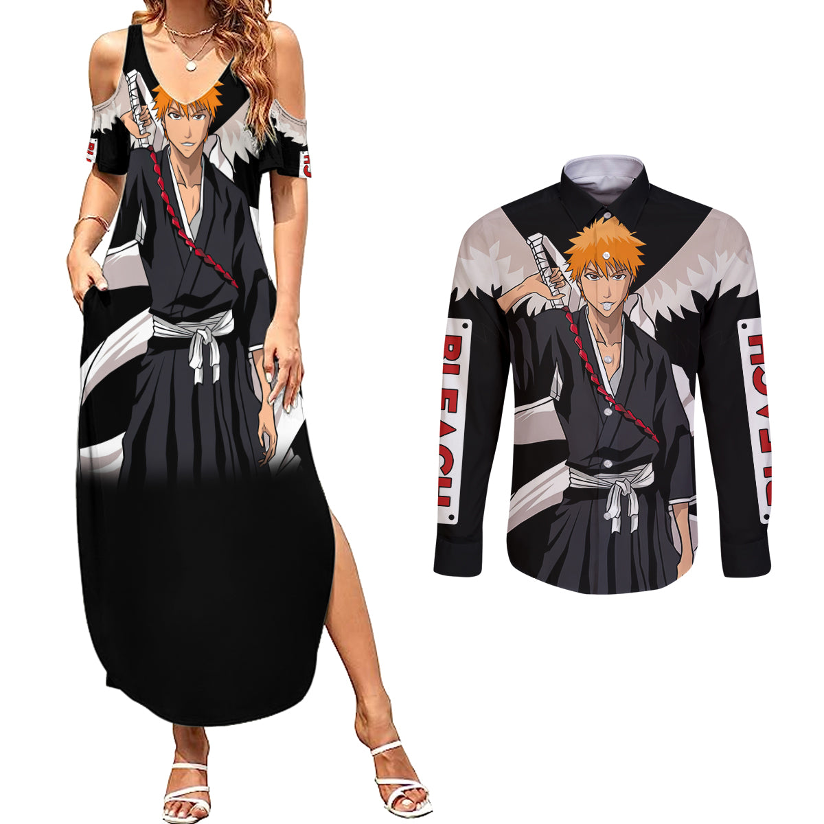 Ichigo Kurosaki - BL Jacket Style Couples Matching Summer Maxi Dress and Long Sleeve Button Shirt