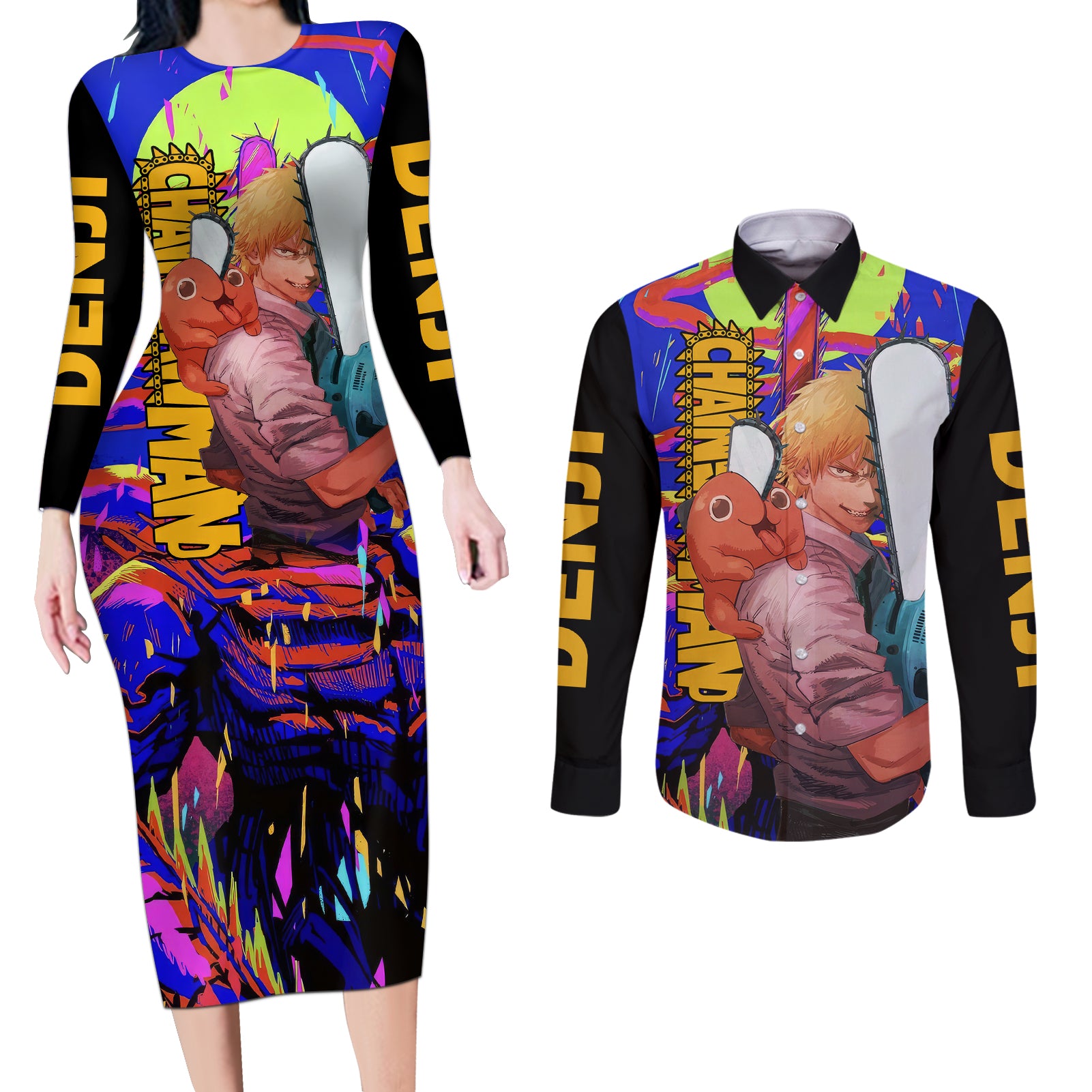 Denji Couples Matching Long Sleeve Bodycon Dress and Long Sleeve Button Shirt Chainsaw Man