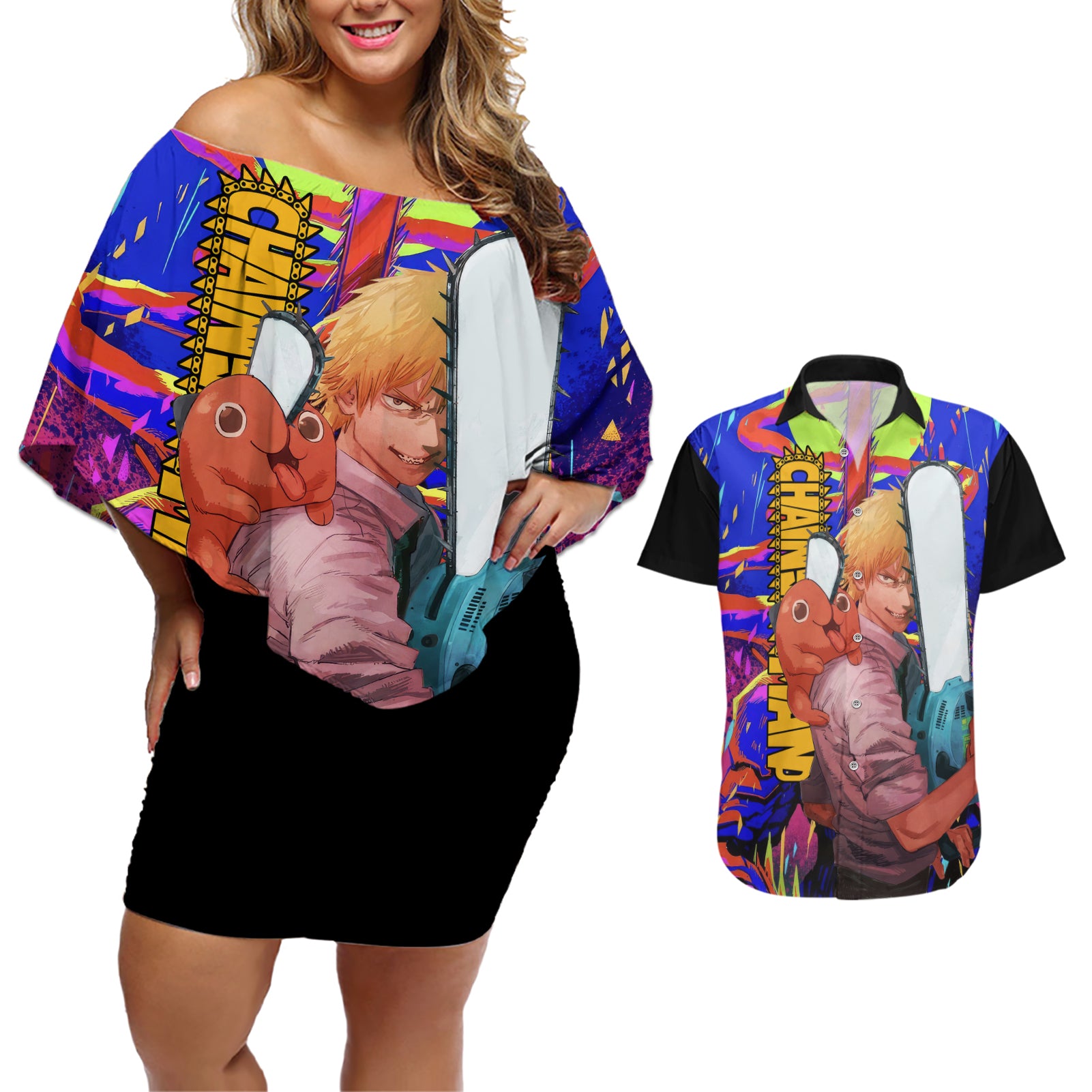 Denji Couples Matching Off Shoulder Short Dress and Hawaiian Shirt Chainsaw Man