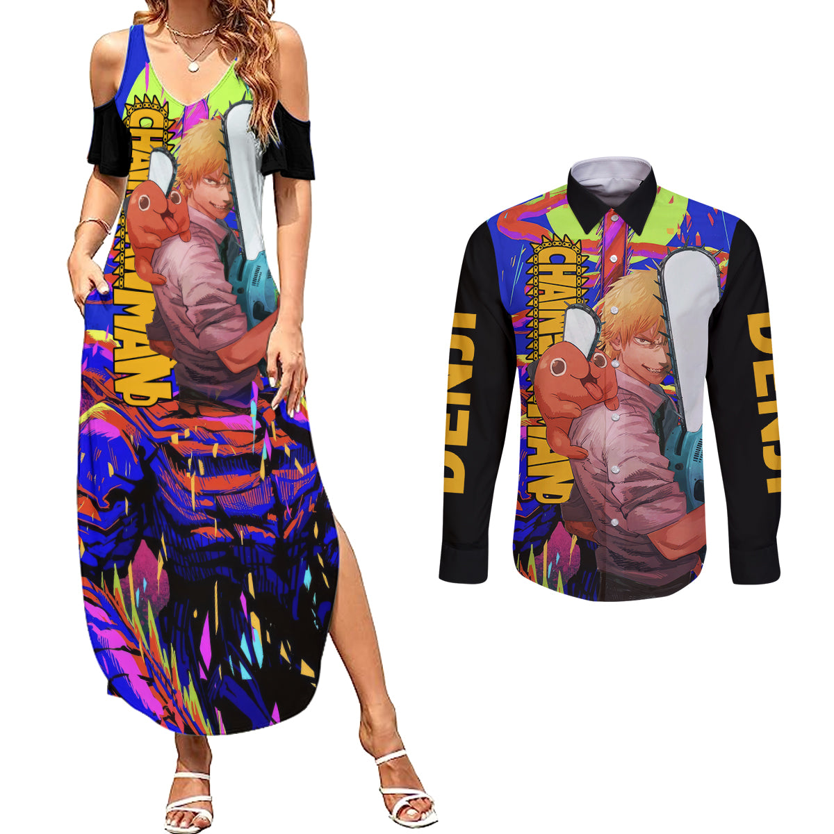 Denji Couples Matching Summer Maxi Dress and Long Sleeve Button Shirt Chainsaw Man