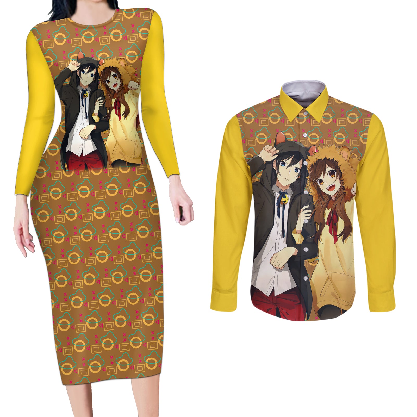 Horimiya Miyamura and Hori Couples Matching Long Sleeve Bodycon Dress and Long Sleeve Button Shirt Horimiya