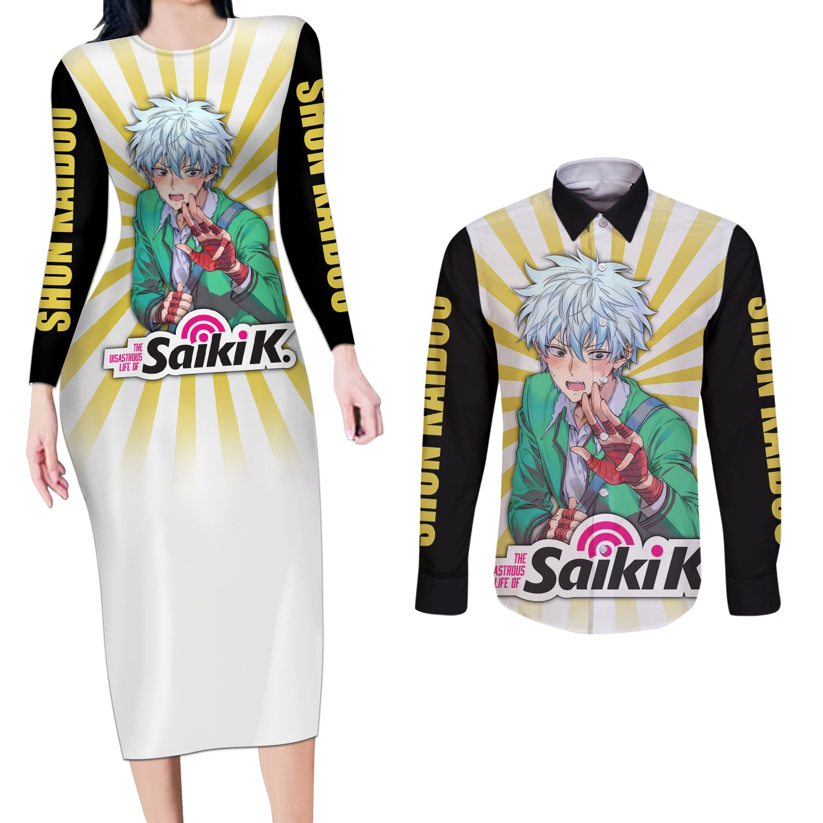 Shun Kaidou Couples Matching Long Sleeve Bodycon Dress and Long Sleeve Button Shirt Saiki K