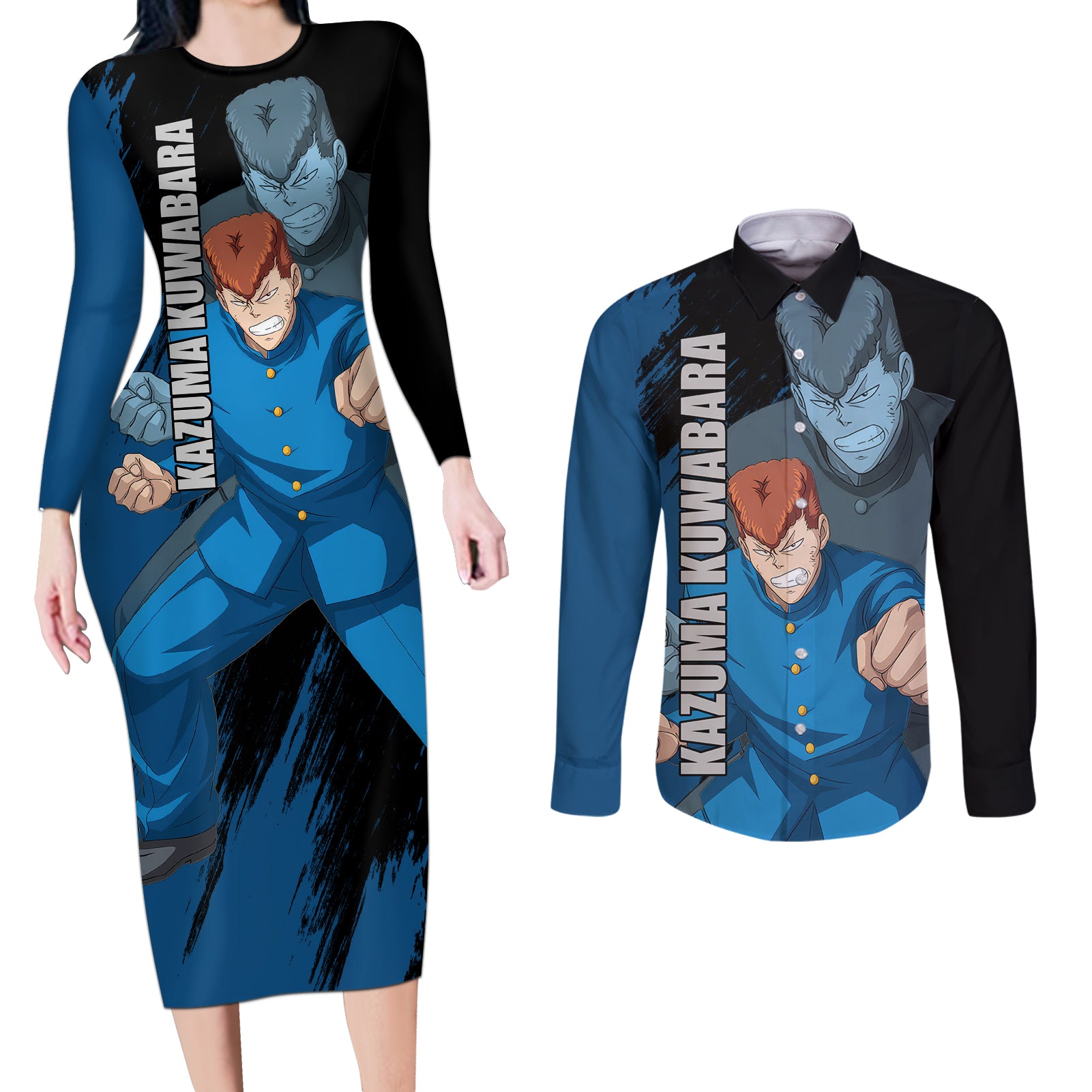 Kazuma Kuwabara Couples Matching Long Sleeve Bodycon Dress and Long Sleeve Button Shirt YuYu Hakusho