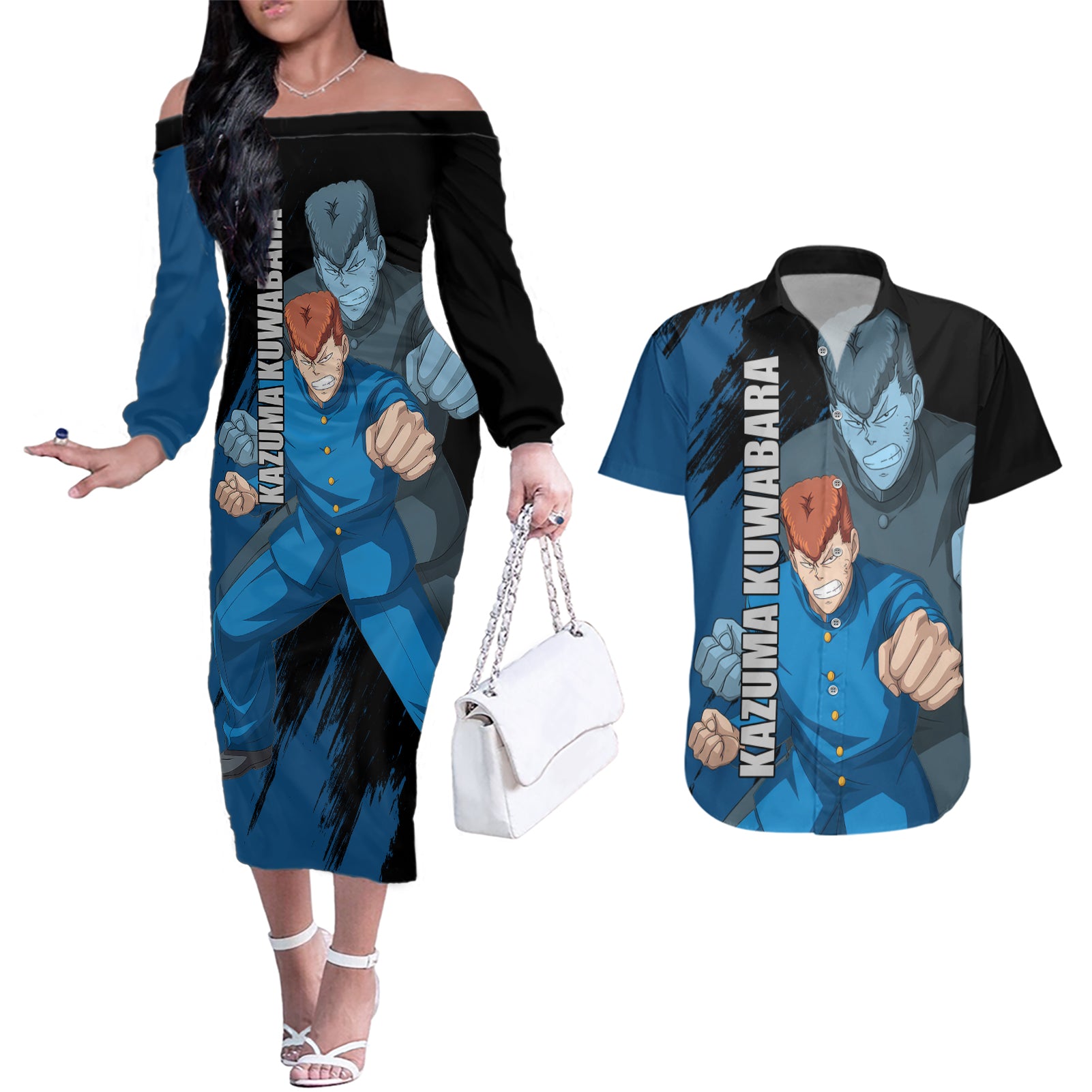 Kazuma Kuwabara Couples Matching Off The Shoulder Long Sleeve Dress and Hawaiian Shirt YuYu Hakusho