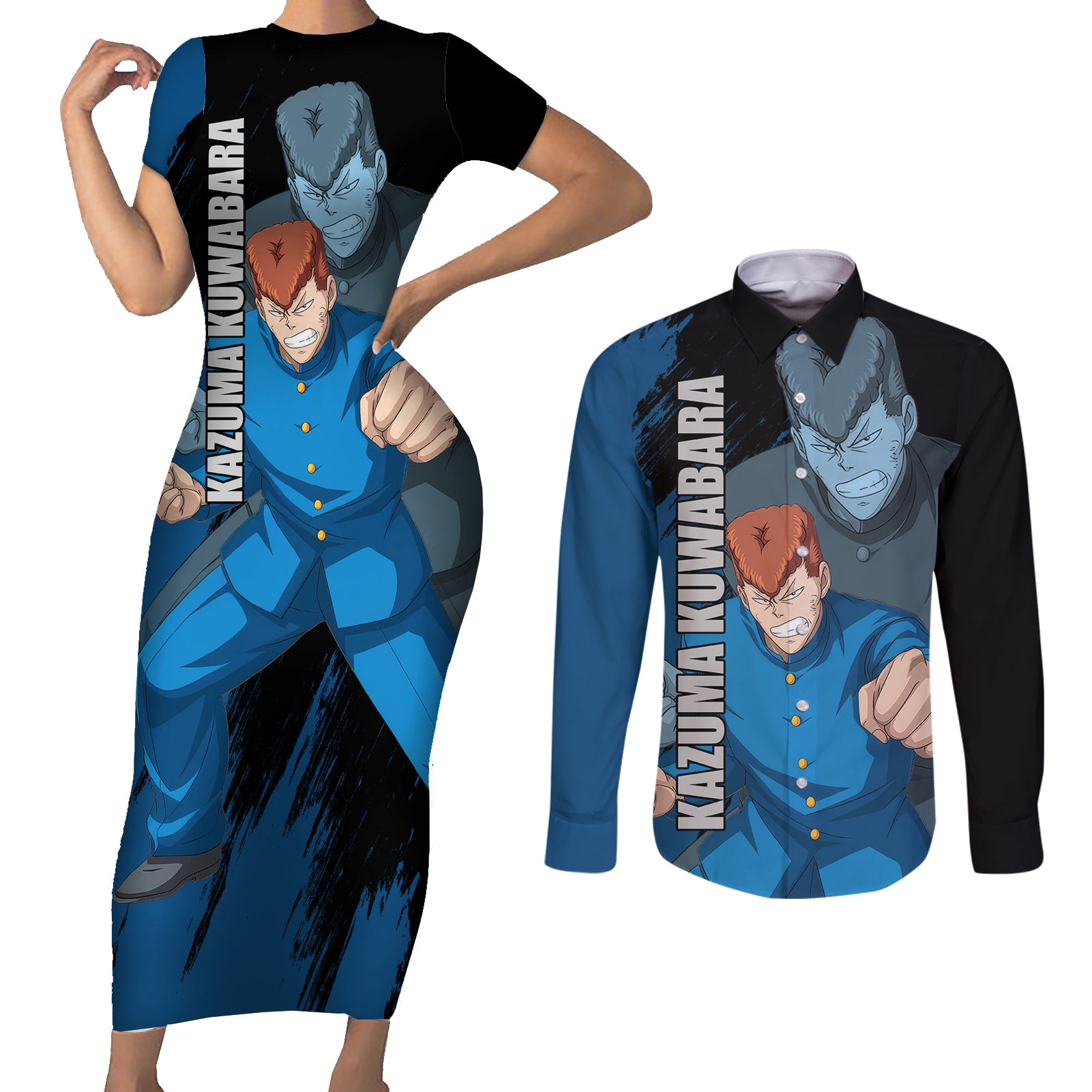 Kazuma Kuwabara Couples Matching Short Sleeve Bodycon Dress and Long Sleeve Button Shirt YuYu Hakusho