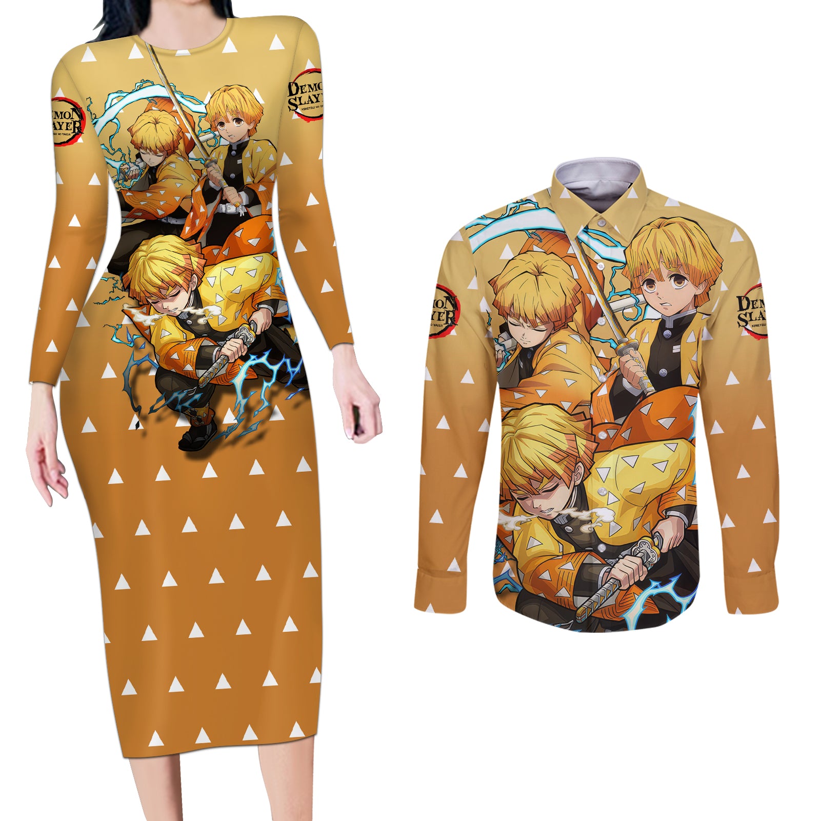 Zenitsu Couples Matching Long Sleeve Bodycon Dress and Long Sleeve Button Shirt Demon Slayer