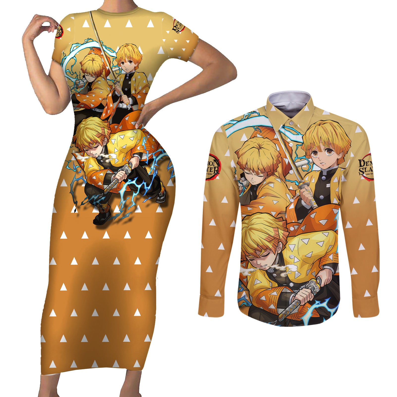 Zenitsu Couples Matching Short Sleeve Bodycon Dress and Long Sleeve Button Shirt Demon Slayer