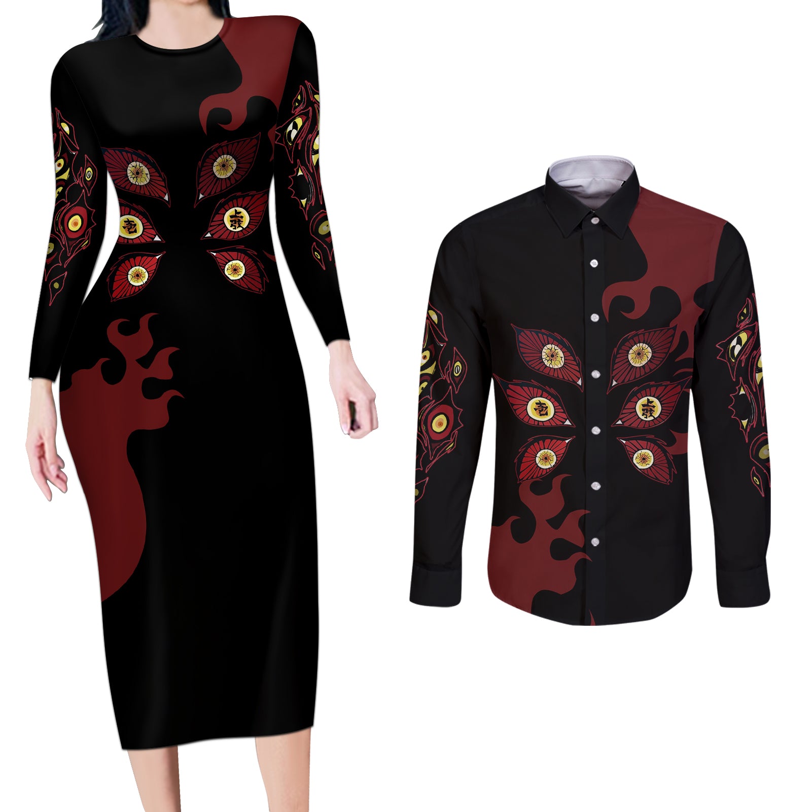 Kokushibou - Demon Slayer Couples Matching Long Sleeve Bodycon Dress and Long Sleeve Button Shirt Anime Style