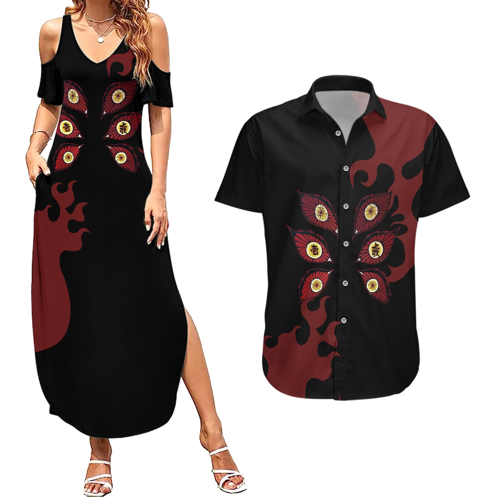 Kokushibou - Demon Slayer Couples Matching Summer Maxi Dress and Hawaiian Shirt Anime Style