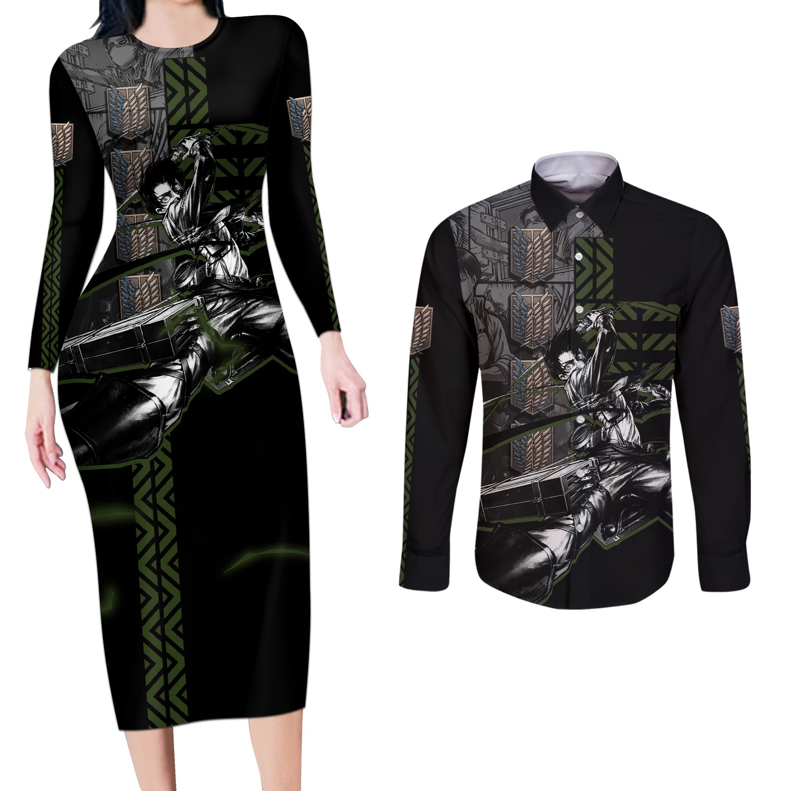 Levi Ackerman - Attack On Titan Couples Matching Long Sleeve Bodycon Dress and Long Sleeve Button Shirt Anime Style