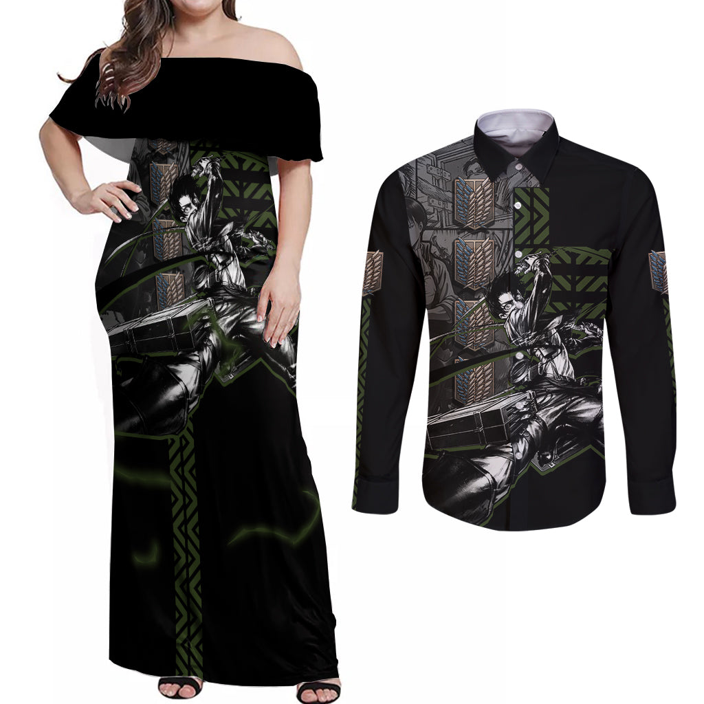 Levi Ackerman - Attack On Titan Couples Matching Off Shoulder Maxi Dress and Long Sleeve Button Shirt Anime Style