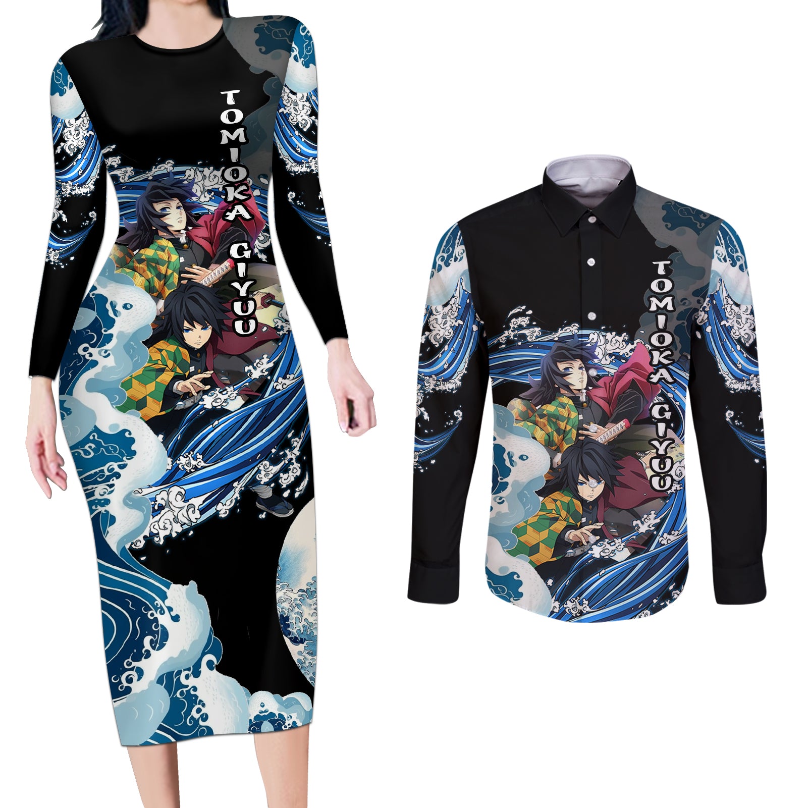 Tomioka Giyuu - Demon Slayer Couples Matching Long Sleeve Bodycon Dress and Long Sleeve Button Shirt Anime Japan Style