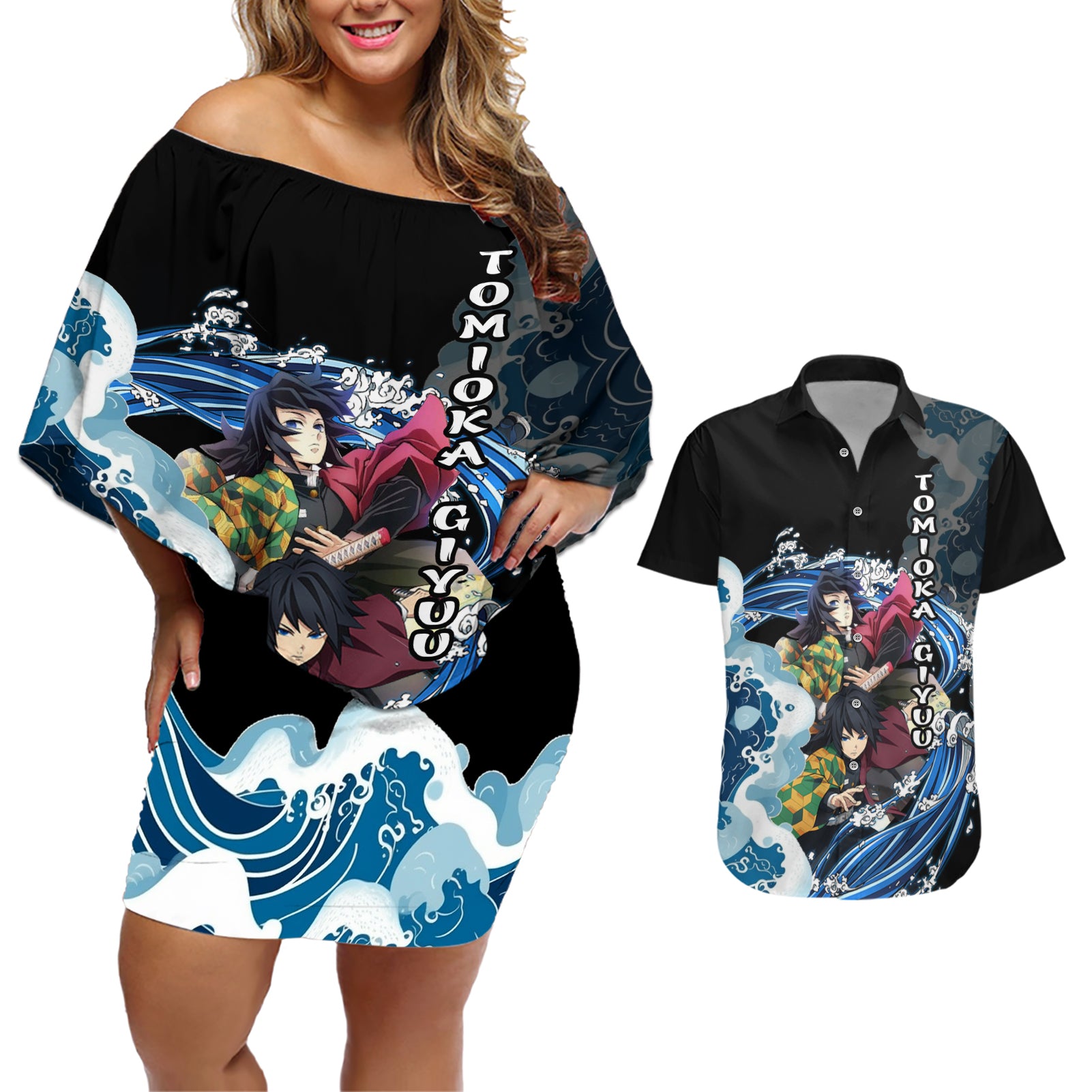 Tomioka Giyuu - Demon Slayer Couples Matching Off Shoulder Short Dress and Hawaiian Shirt Anime Japan Style