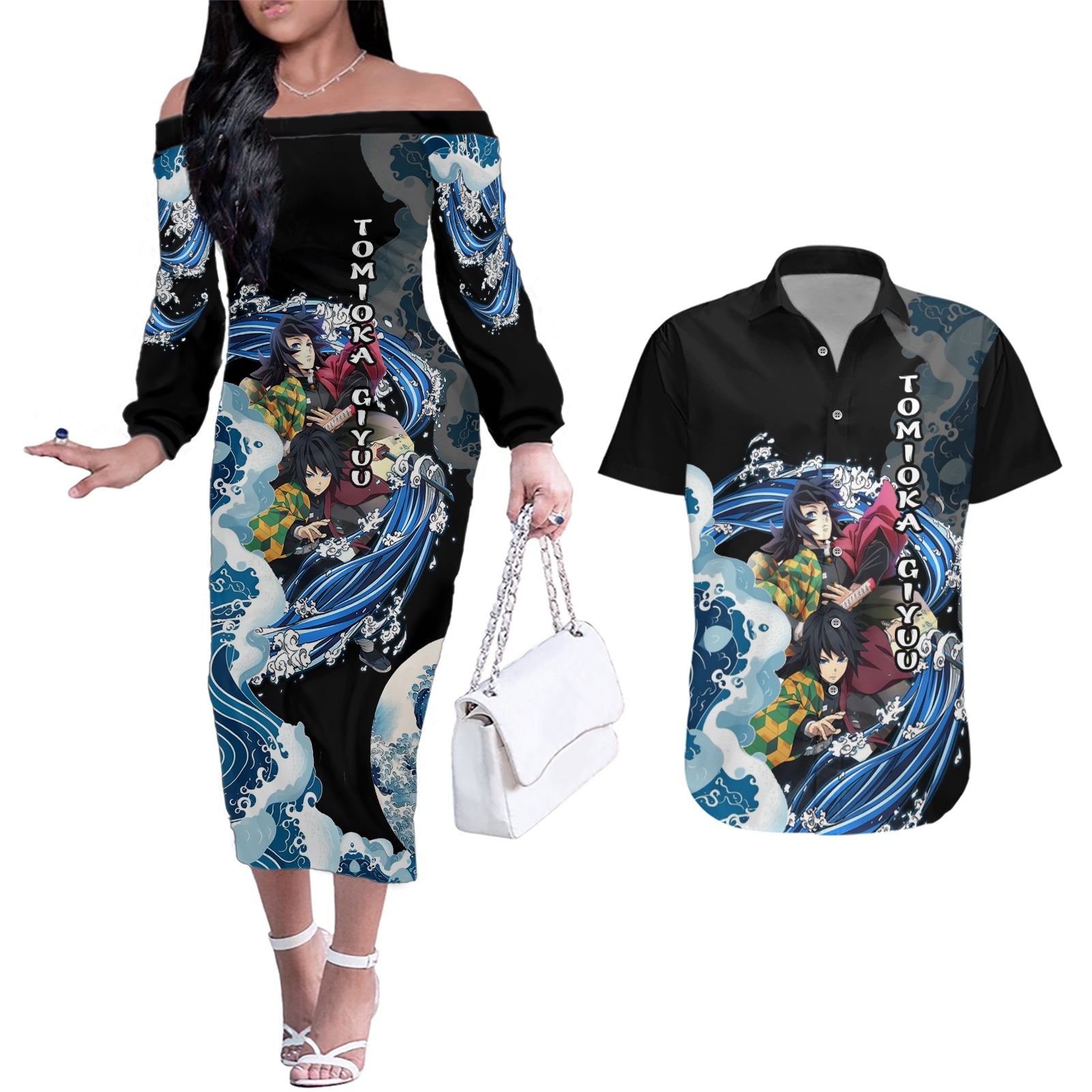 Tomioka Giyuu - Demon Slayer Couples Matching Off The Shoulder Long Sleeve Dress and Hawaiian Shirt Anime Japan Style