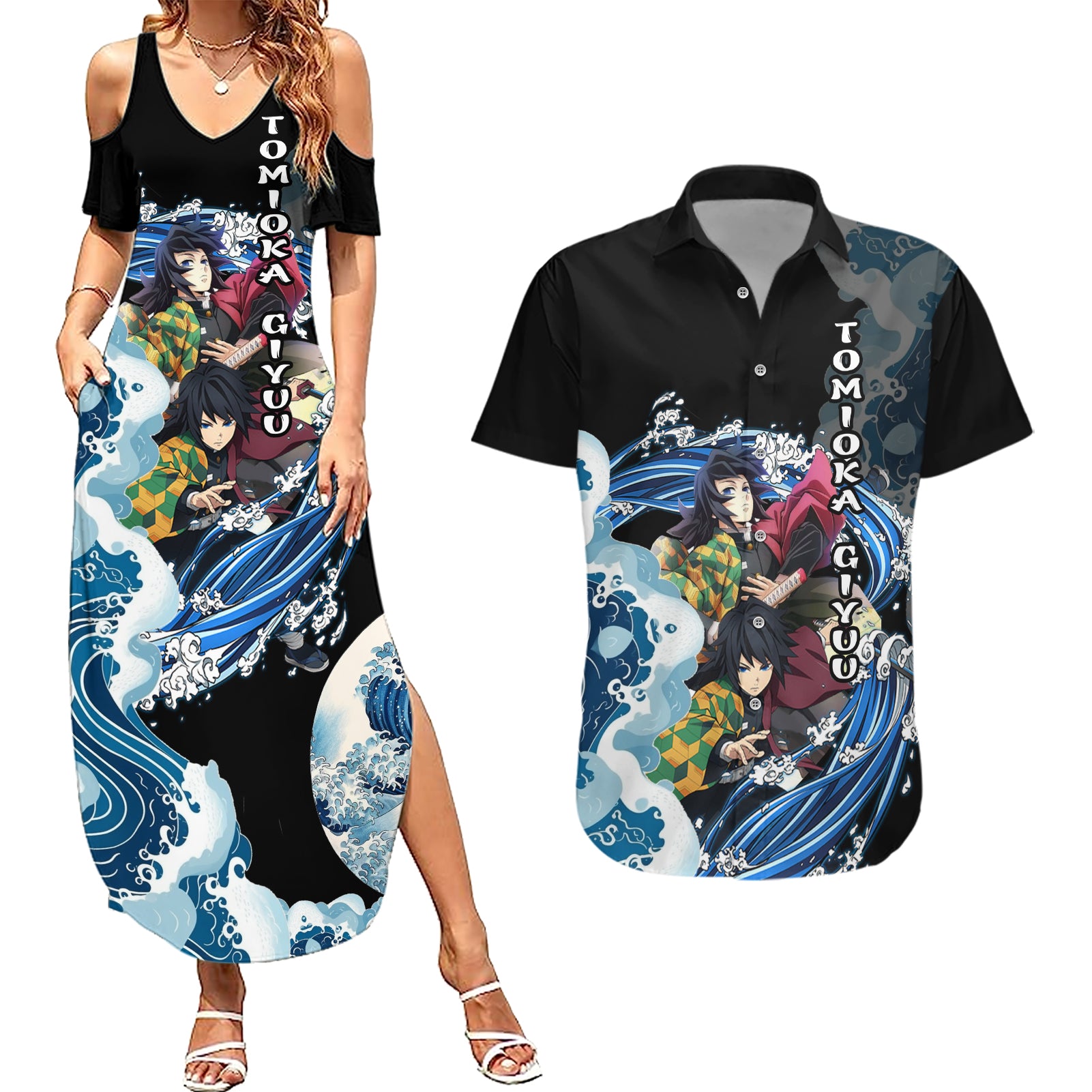 Tomioka Giyuu - Demon Slayer Couples Matching Summer Maxi Dress and Hawaiian Shirt Anime Japan Style