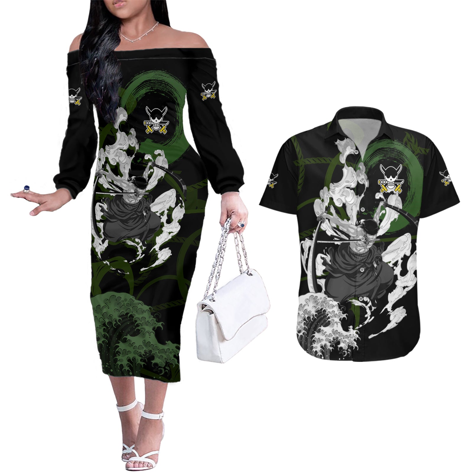 Zoronoa Zoro - One Piece Couples Matching Off The Shoulder Long Sleeve Dress and Hawaiian Shirt Anime Japan Style