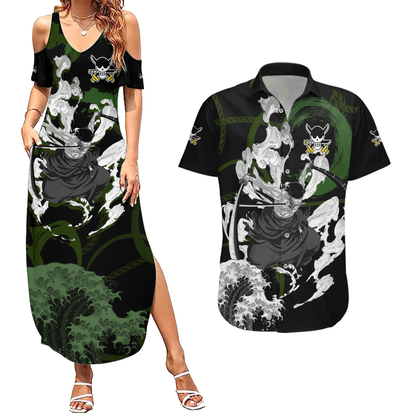 Zoronoa Zoro - One Piece Couples Matching Summer Maxi Dress and Hawaiian Shirt Anime Japan Style