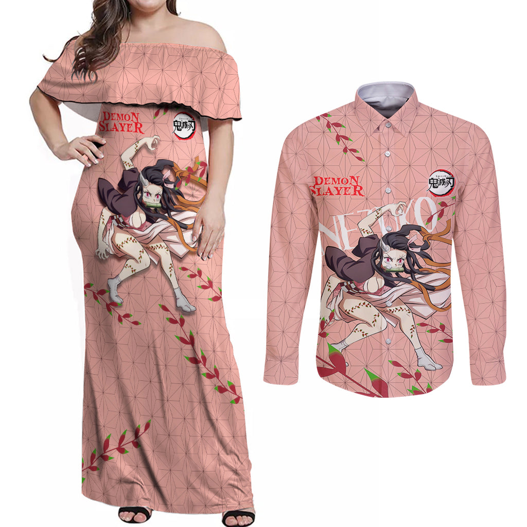 Demon Nezuko Kamado - Demon Slayer Couples Matching Off Shoulder Maxi Dress and Long Sleeve Button Shirt Anime Style