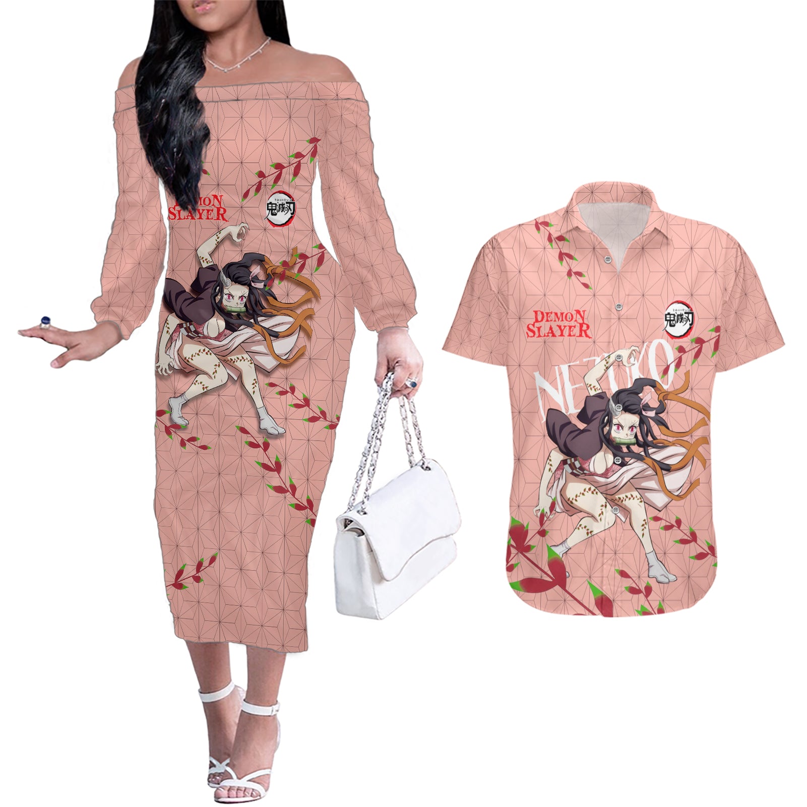 Demon Nezuko Kamado - Demon Slayer Couples Matching Off The Shoulder Long Sleeve Dress and Hawaiian Shirt Anime Style