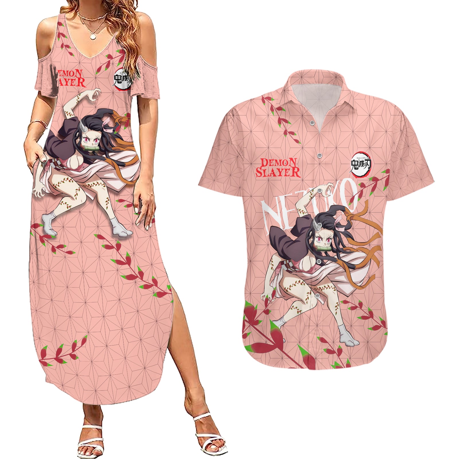 Demon Nezuko Kamado - Demon Slayer Couples Matching Summer Maxi Dress and Hawaiian Shirt Anime Style