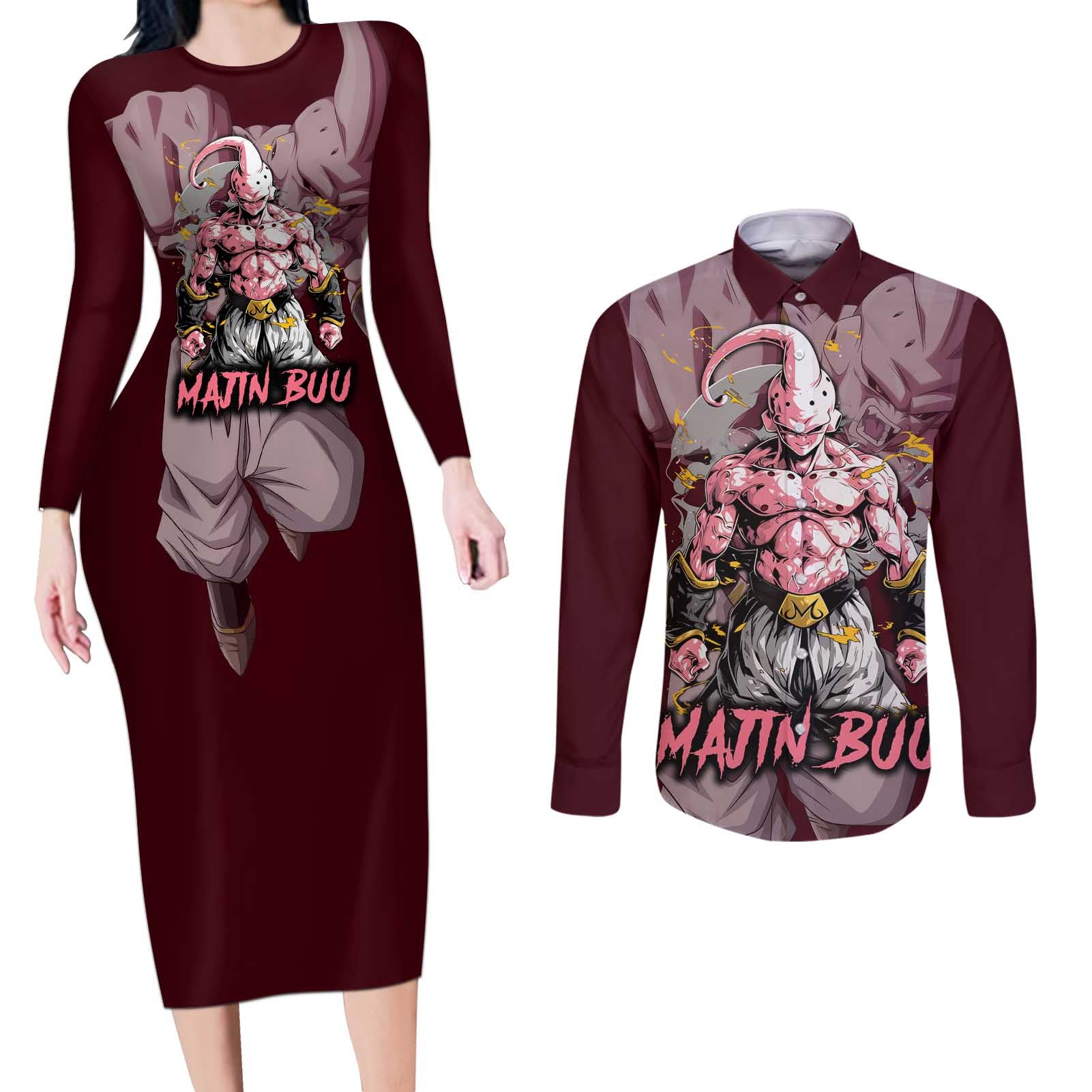 Majin Buu - Dragonball Couples Matching Long Sleeve Bodycon Dress and Long Sleeve Button Shirt Anime Style